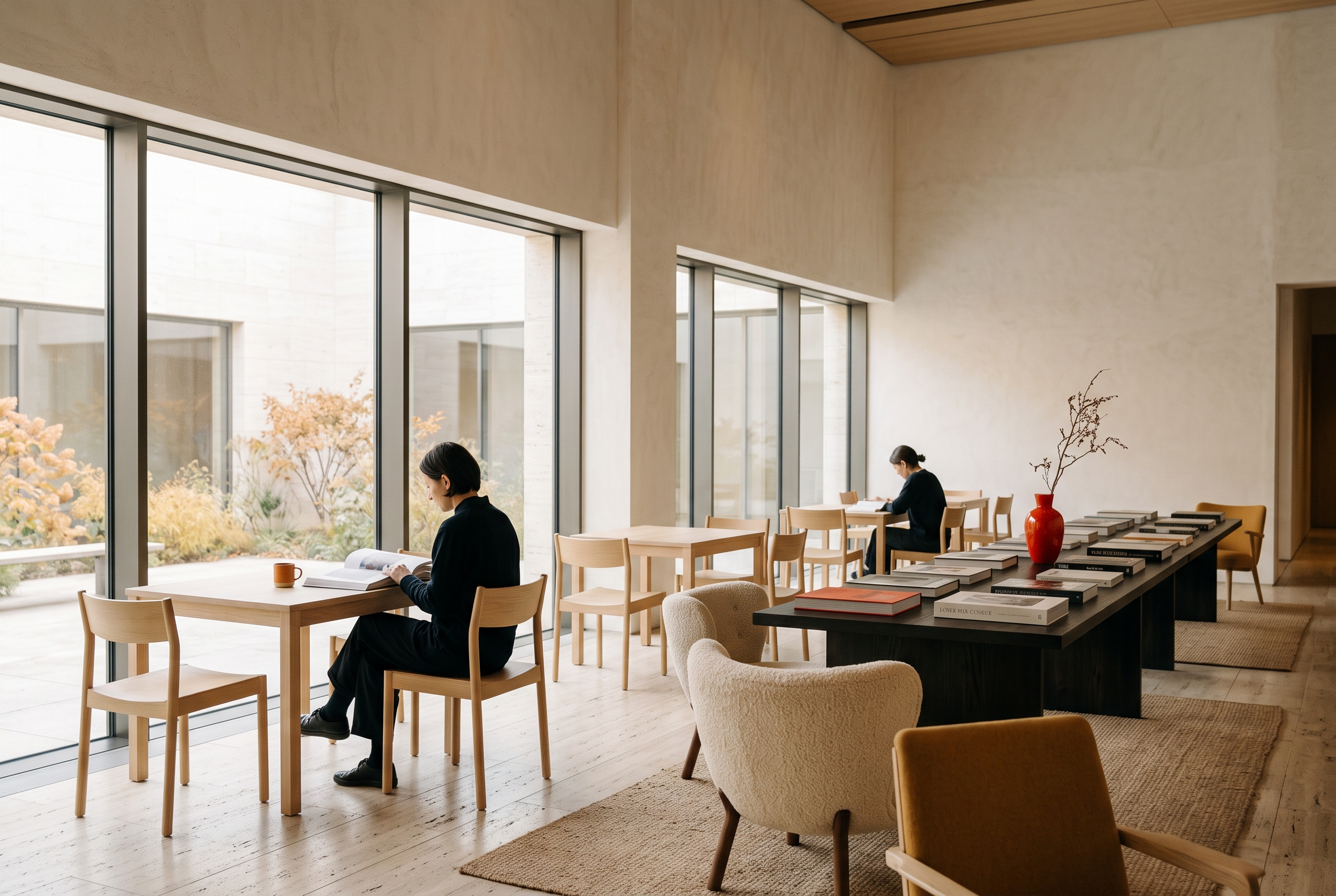 The museum café and reading room with pale wood furniture